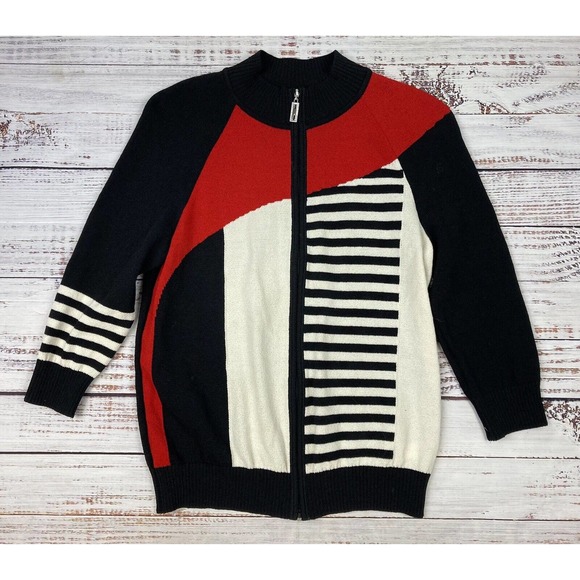 St John Collection Cardigan Full Zip Knit Red Black White Stripe Sz P/S - Picture 2 of 4
